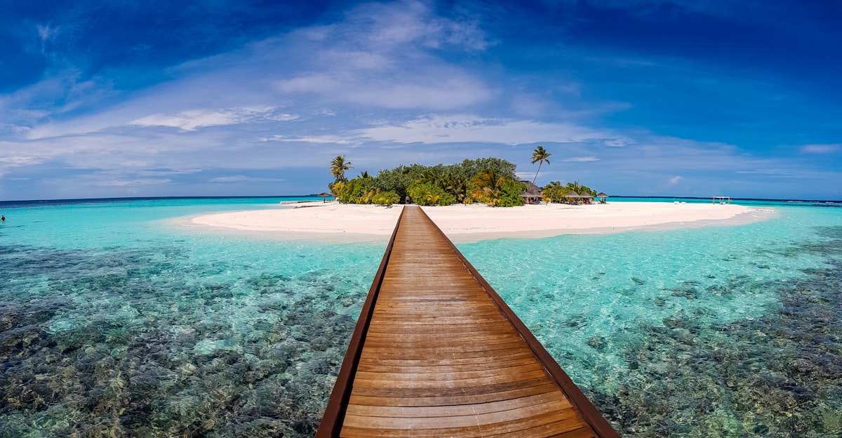 Wooden pier leading to a small tropical island